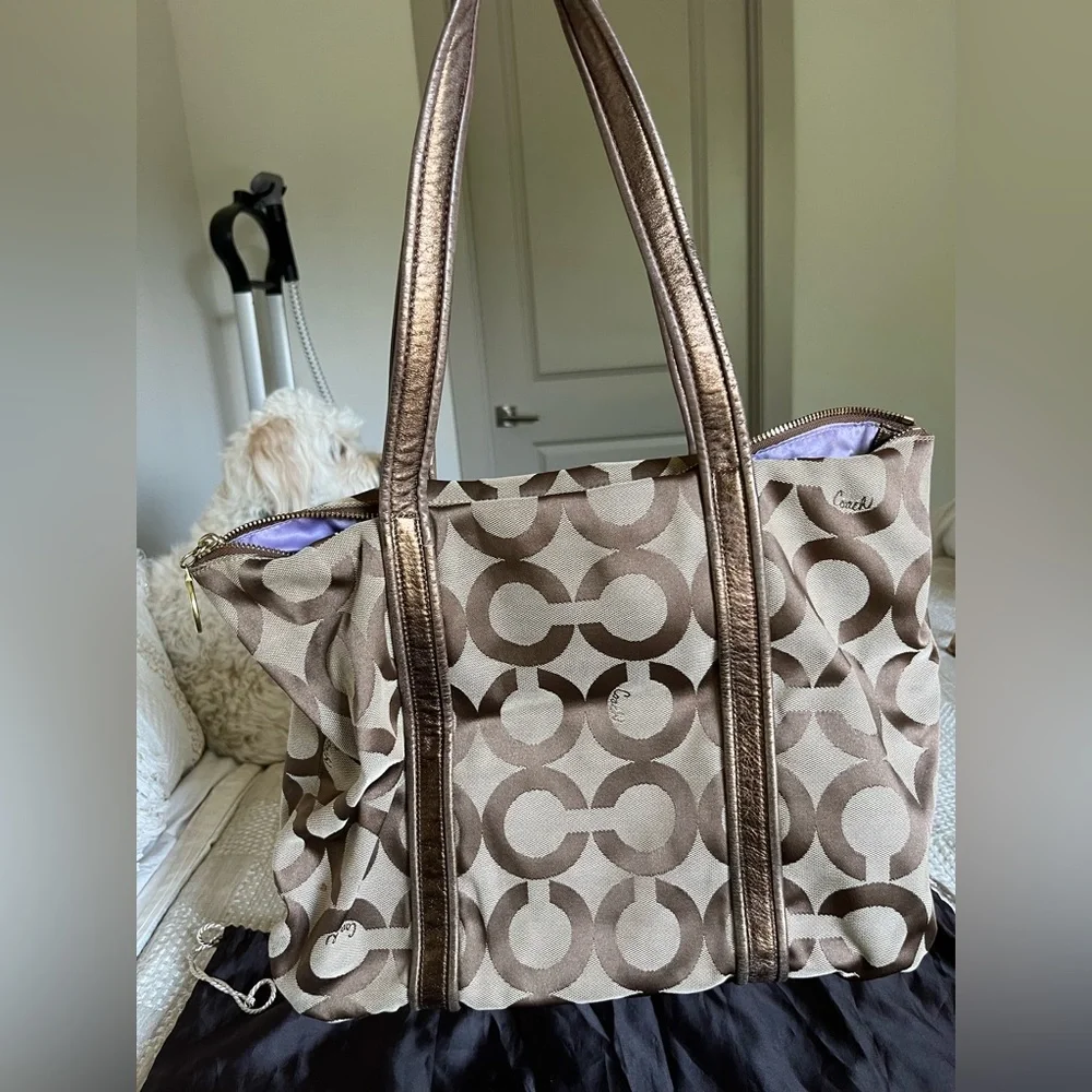 Coach Poppy C op art glam bronze metallic leather brown jacquard canvas tote bag